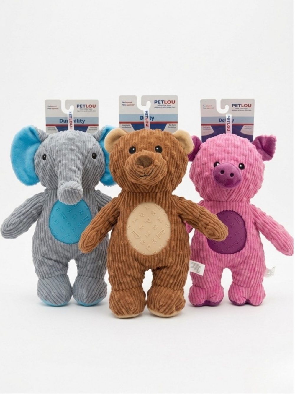 Petlou Durable‎ Corduroy Squeaky Dog Toy Set - Elephant, Bear, & Pig (3-Pack)
